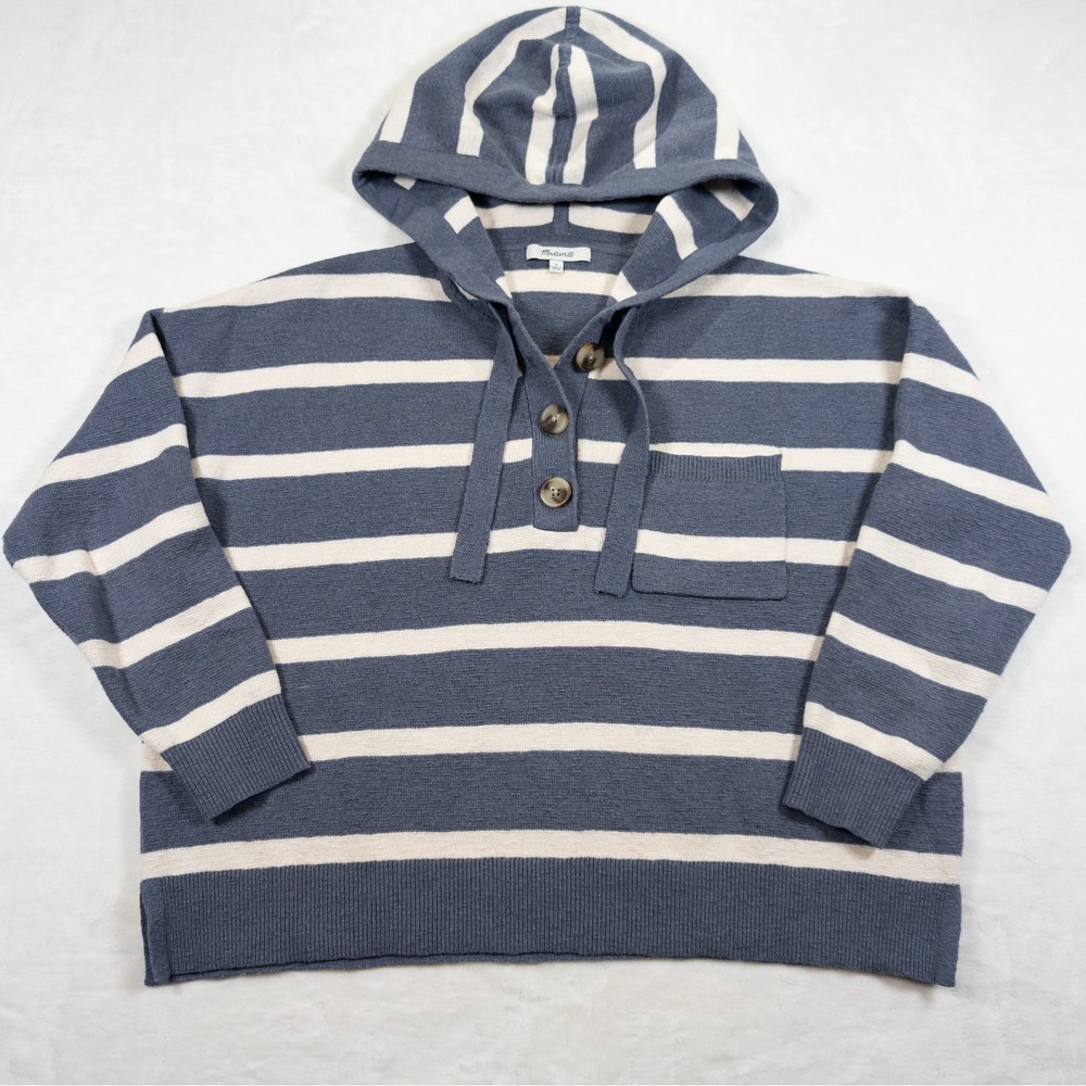 Madewell Henley Hoodie Women S Blue Oversized Coastal Preppy Nautical Cabin Cozy - Picture 3 of 15